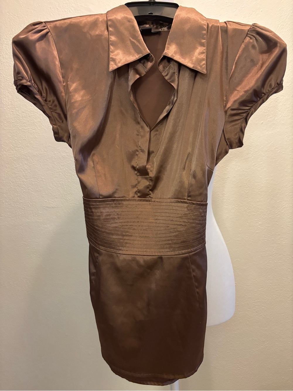Y2K BCX Satin Milk Chocolate Brown Collared Cap Sleeve Top